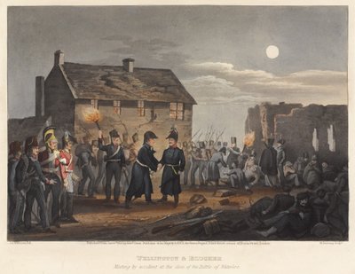 Wellington and Blucher meeting by accident at the close of the Battle of Waterloo, engraved by M. Dubourg, 1819 by I. M. Clark